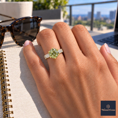Green Round Cut Lab Grown Diamond Engagement Ring - Triple Row Pave in yellow gold, worn on the hand