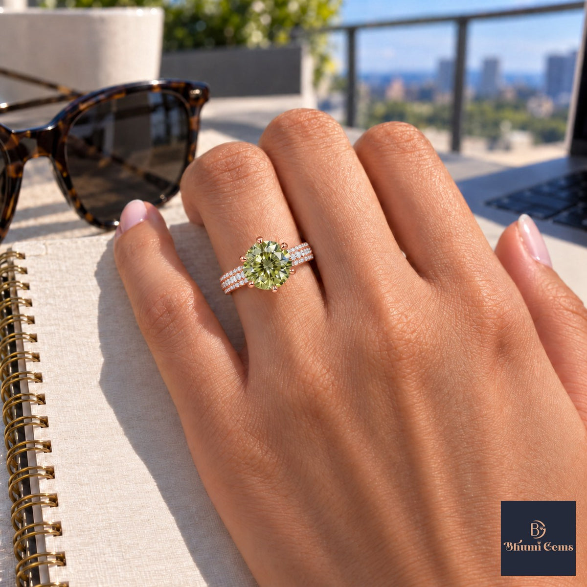 Green Round Cut Lab Grown Diamond Engagement Ring - Triple Row Pave in rose gold, worn on the hand