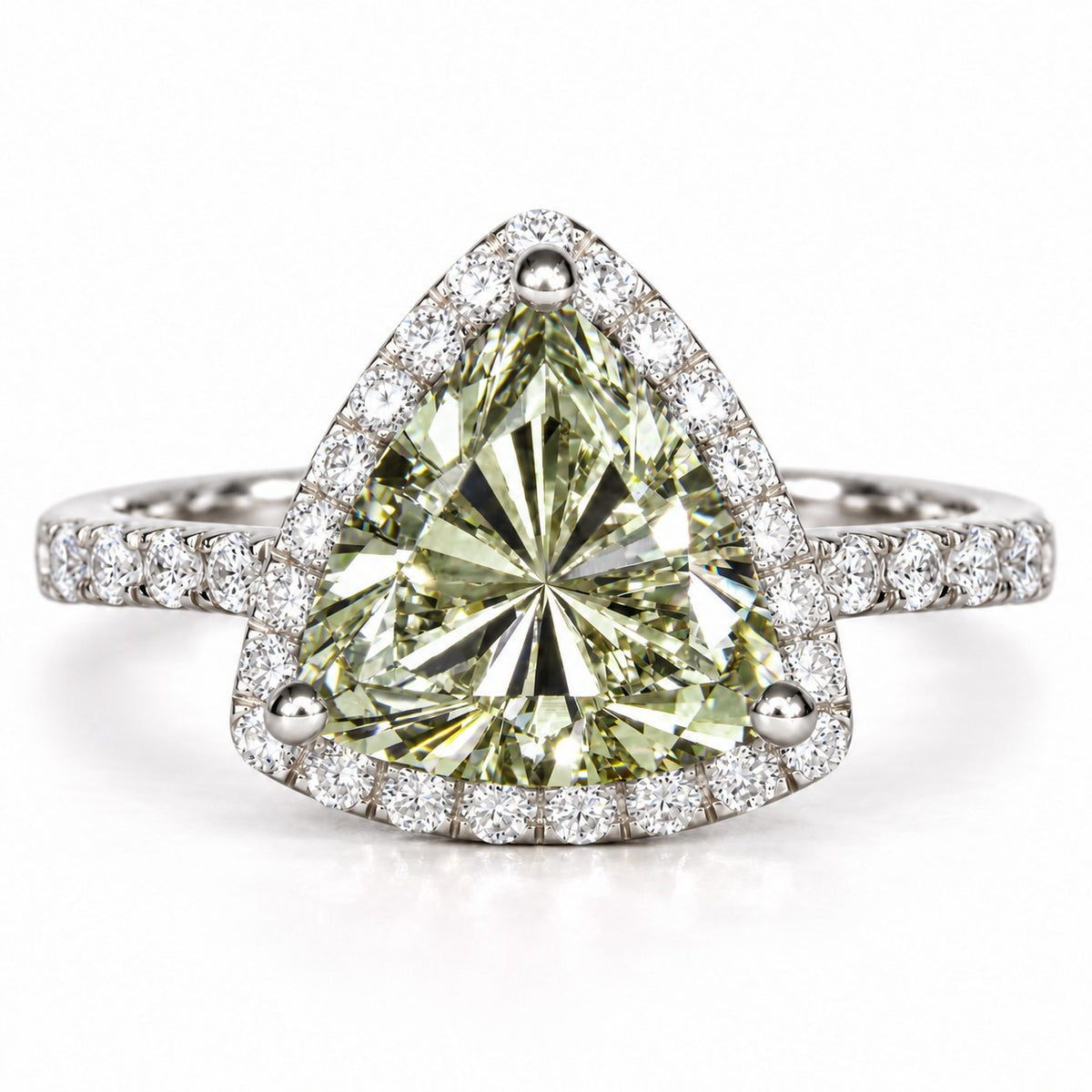 Green Trillion Cut Lab Grown Diamond Engagement Ring - Halo in white gold, front view