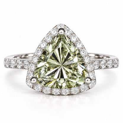 Green Trillion Cut Lab Grown Diamond Engagement Ring - Halo in white gold, front view
