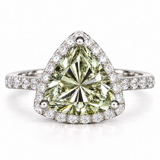 Green Trillion Cut Lab Grown Diamond Engagement Ring - Halo in white gold, front view