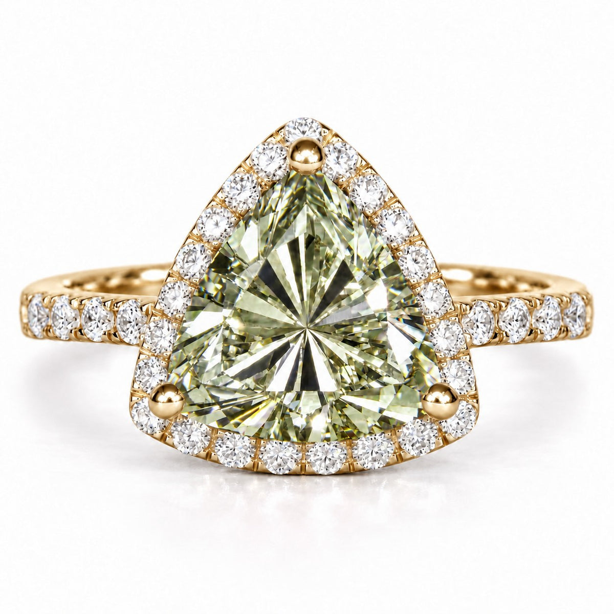 Green Trillion Cut Lab Grown Diamond Engagement Ring - Halo in yellow gold, front view