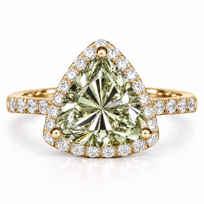 Green Trillion Cut Lab Grown Diamond Engagement Ring - Halo in yellow gold, front view