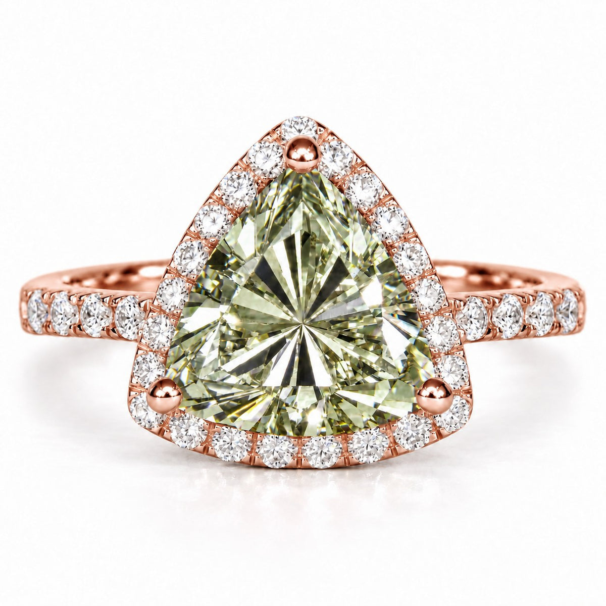 Green Trillion Cut Lab Grown Diamond Engagement Ring - Halo in rose gold, front view