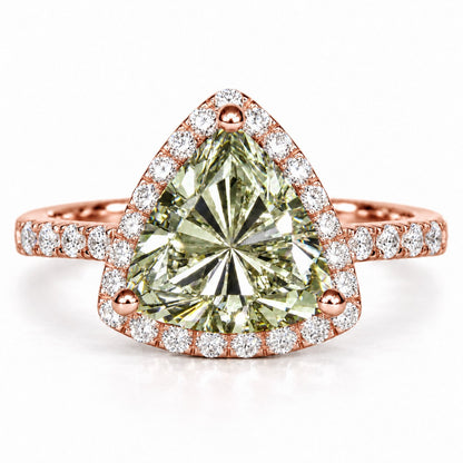 Green Trillion Cut Lab Grown Diamond Engagement Ring - Halo in rose gold, front view