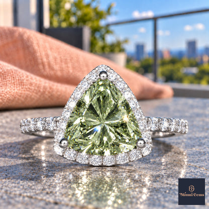 Green Trillion Cut Lab Grown Diamond Engagement Ring - Halo in white gold, close-up