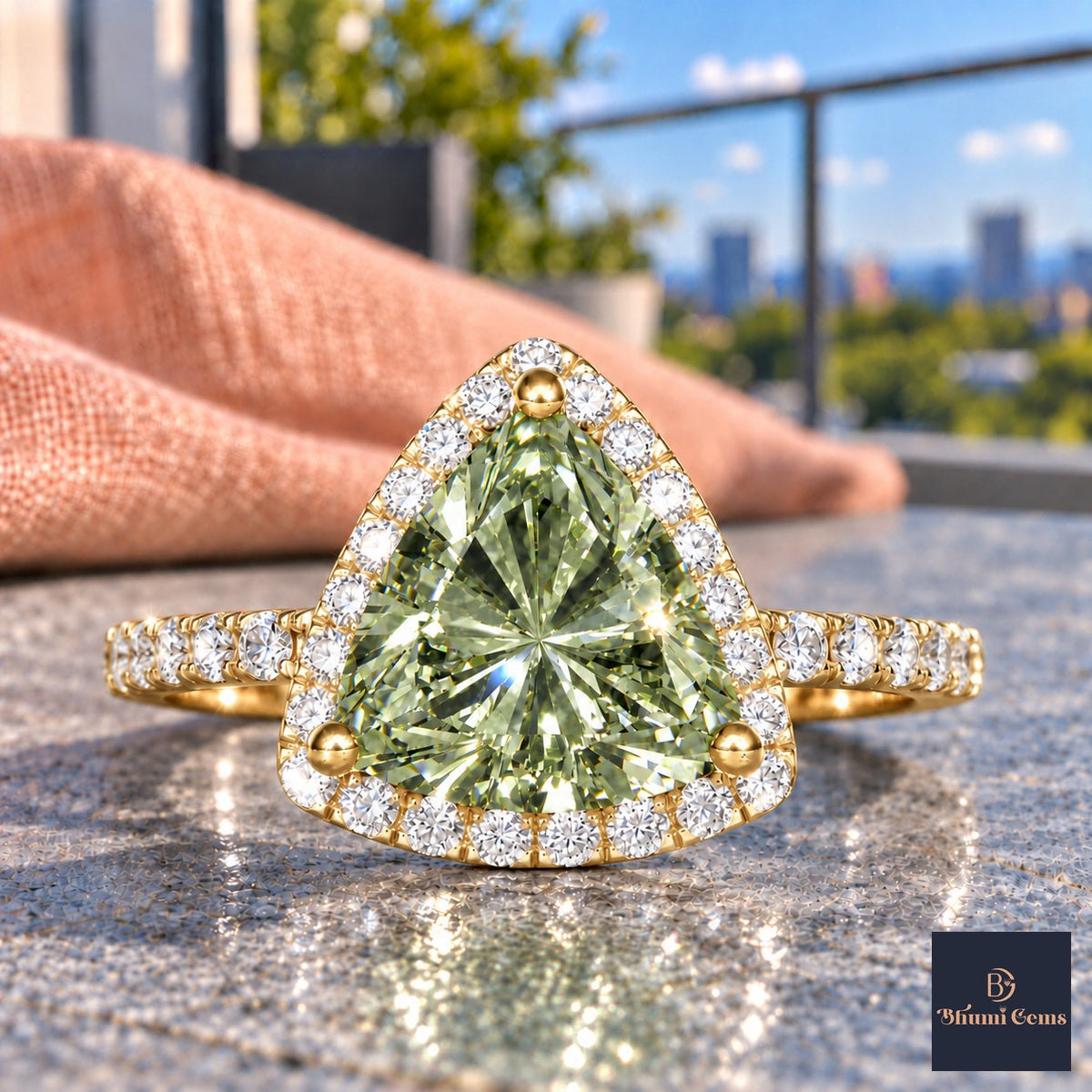 Green Trillion Cut Lab Grown Diamond Engagement Ring - Halo in yellow gold, close-up