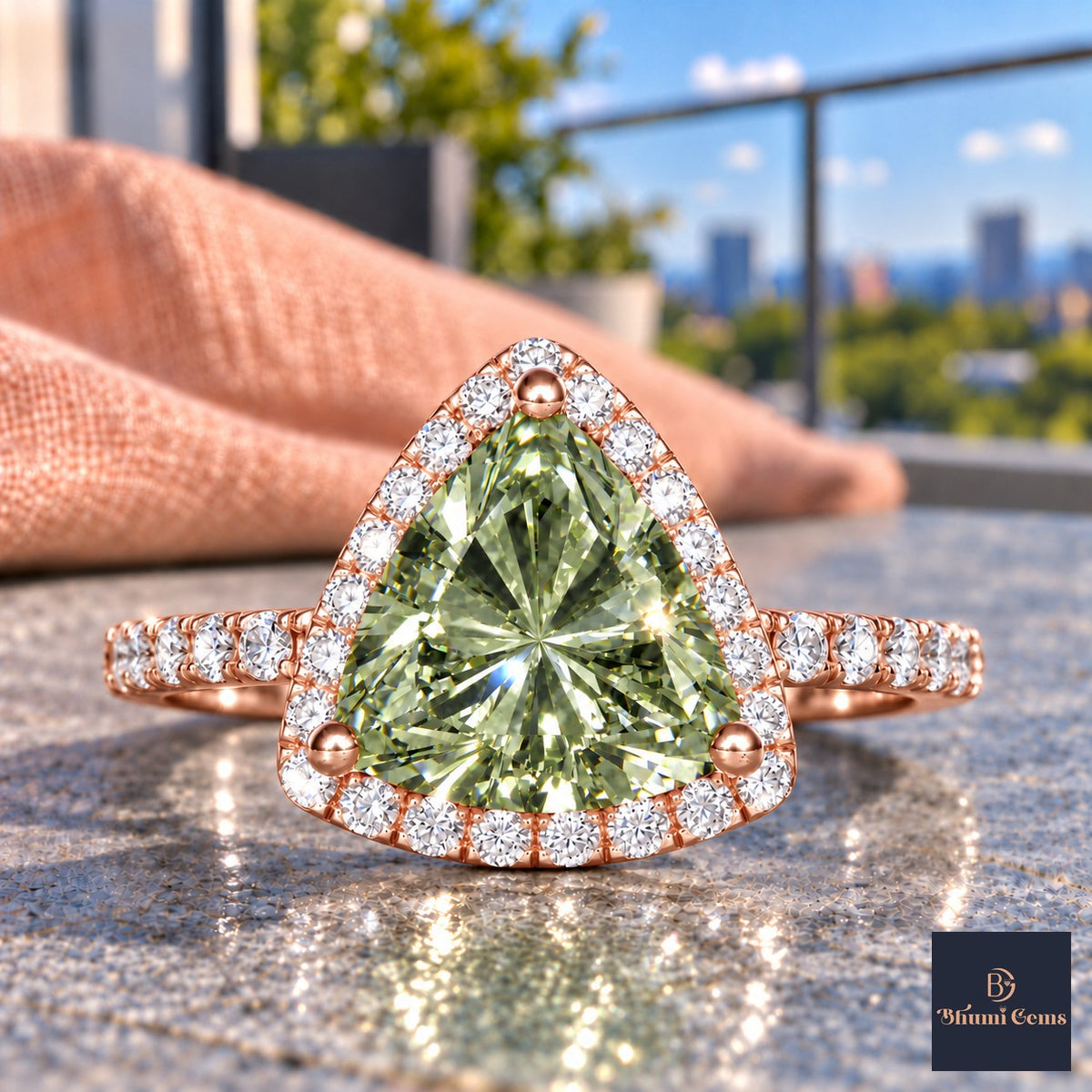 Green Trillion Cut Lab Grown Diamond Engagement Ring - Halo in rose gold, close-up