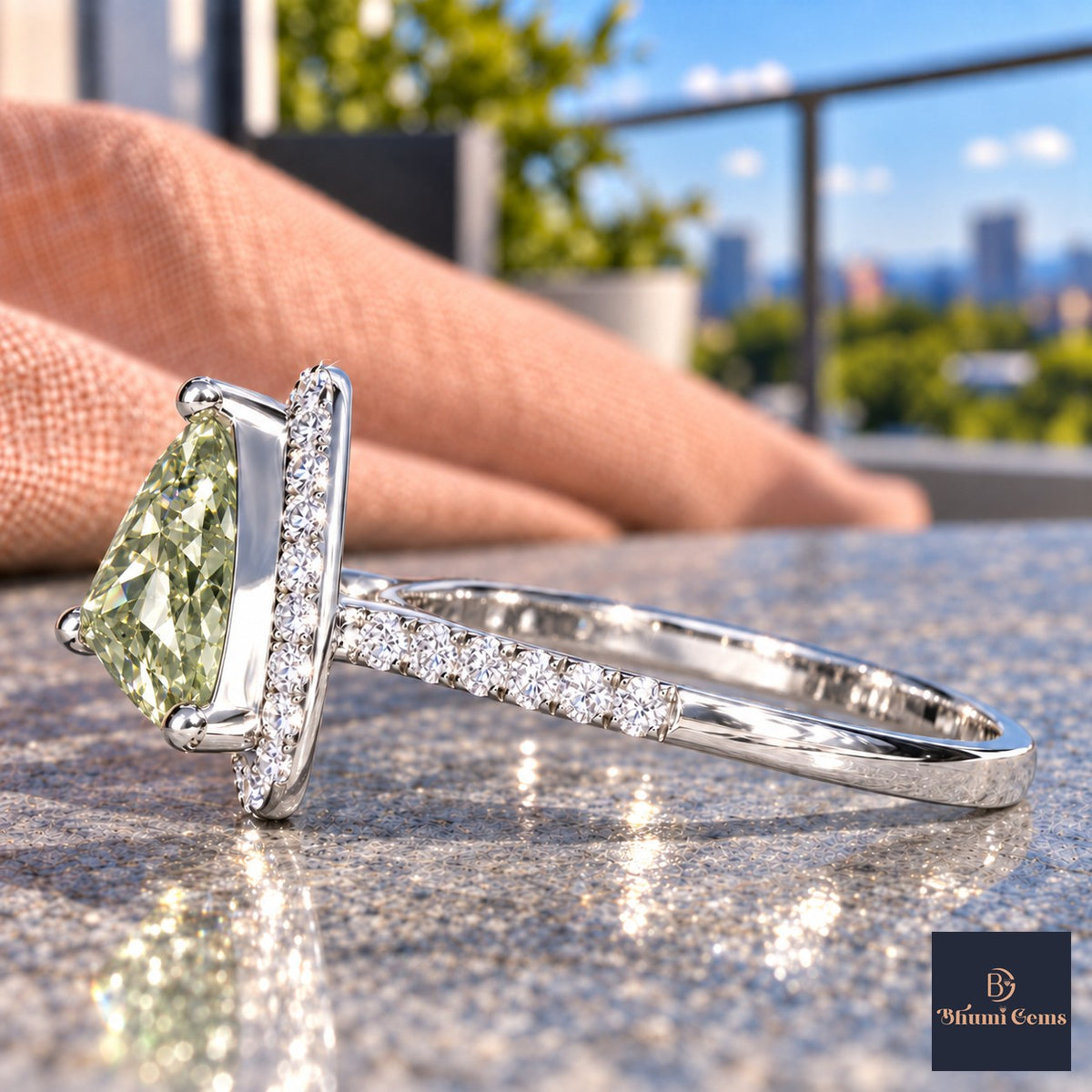 Green Trillion Cut Lab Grown Diamond Engagement Ring - Halo in white gold, side view