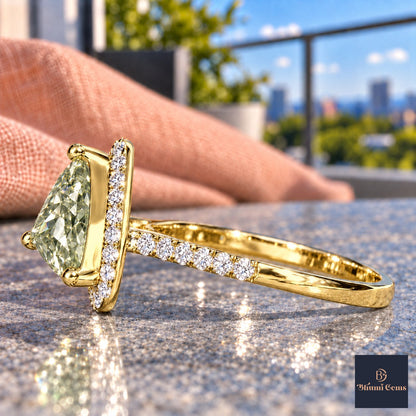 Green Trillion Cut Lab Grown Diamond Engagement Ring - Halo in yellow gold, side view