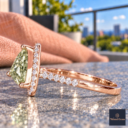 Green Trillion Cut Lab Grown Diamond Engagement Ring - Halo in rose gold, side view