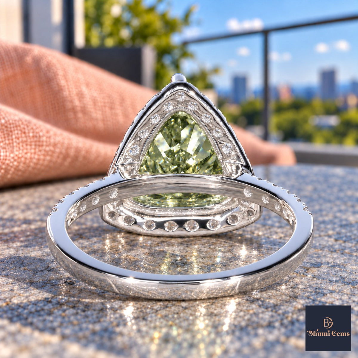 Green Trillion Cut Lab Grown Diamond Engagement Ring - Halo in white gold, gallery view