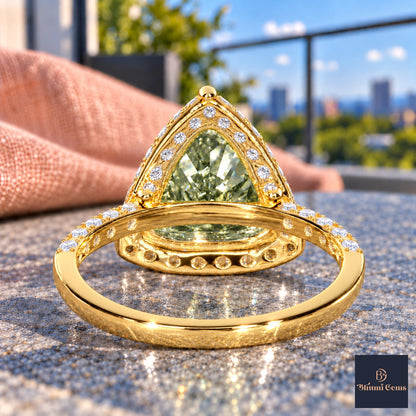 Green Trillion Cut Lab Grown Diamond Engagement Ring - Halo in yellow gold, gallery view