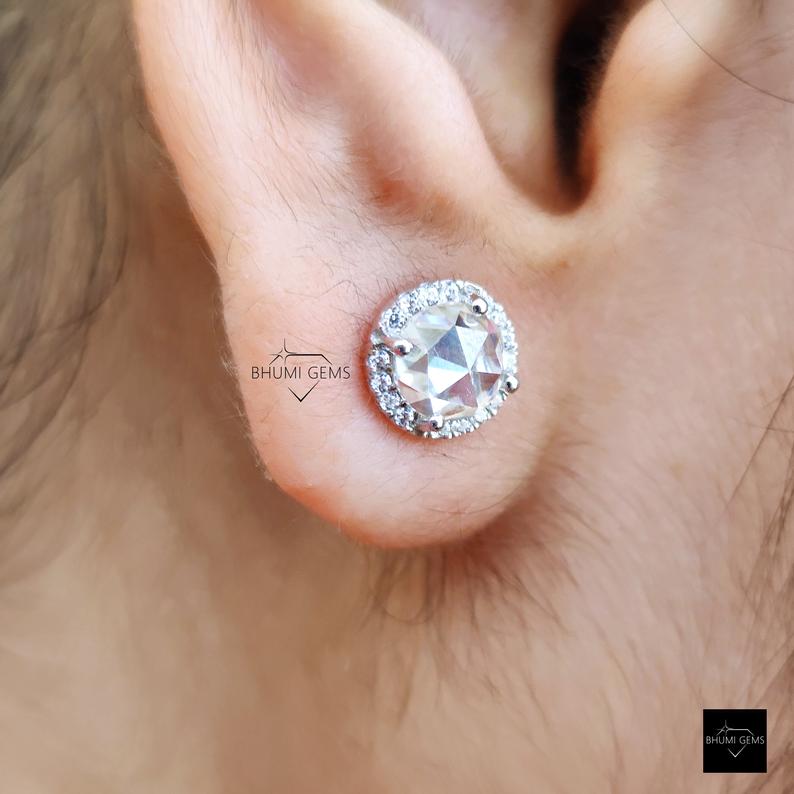 Halo Vintage Style 2.16 TW Round Rose Cut Moissanite Stud Earrings - view 5