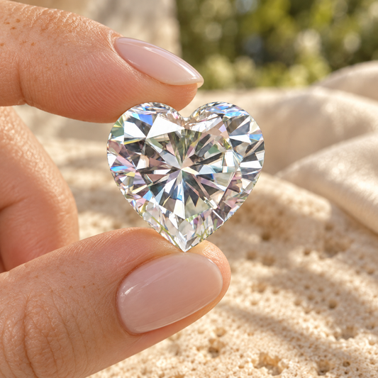 Heart cut loose moissanite held between the fingers