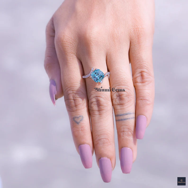 Blue Cushion Moissanite Engagement Ring - view 4