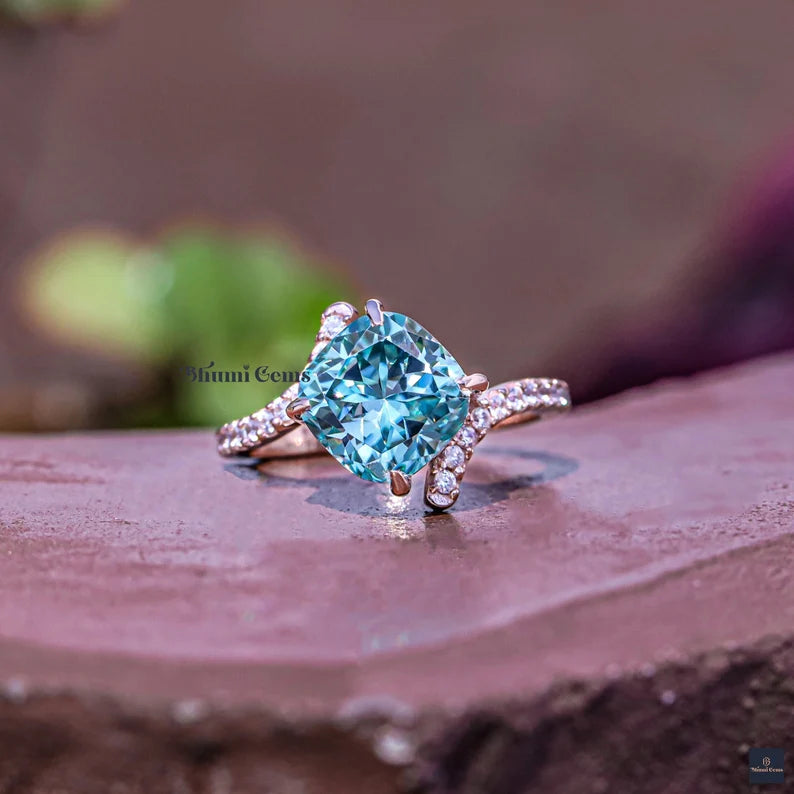 Blue Cushion Moissanite Engagement Ring Bypass Set