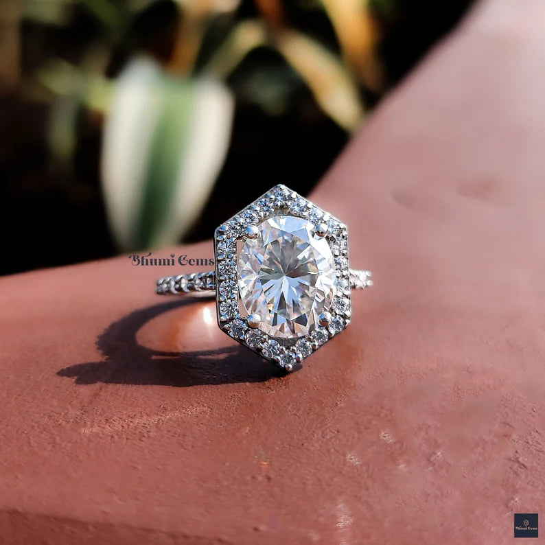 Hexagon Shaped Halo Engagement Ring