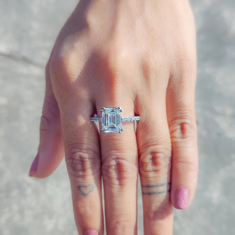 4 CT Colorless Emerald Cut Moissanite Engagement Ring - view 4