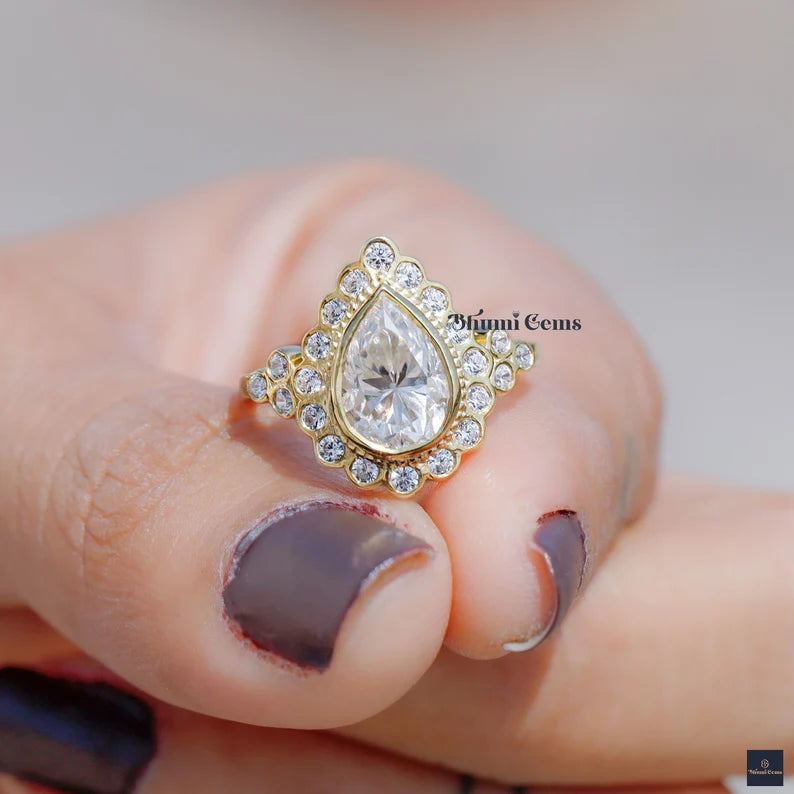 Halo Pear Shaped Moissanite Engagement Ring - view 3