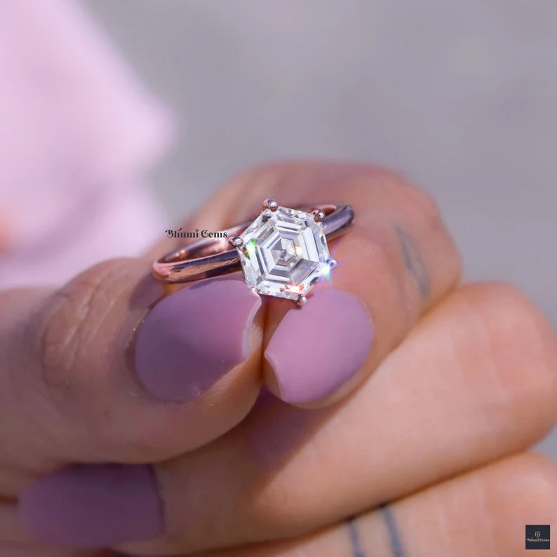 Solitaire Moissanite Engagement Ring 3 CT Hexagon Step Cut Diamond - view 3