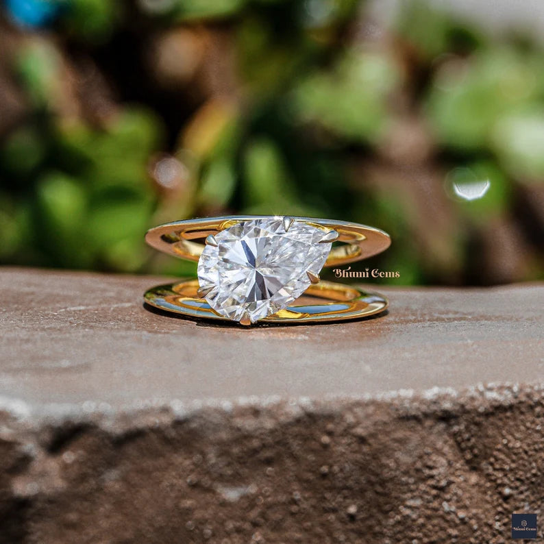 3 CT Pear Shaped Moissanite Engagement Ring East-West Setting