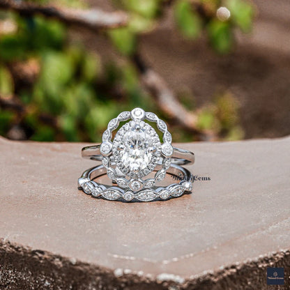 Vintage Art Deco Halo Moissanite Bridal Ring Set