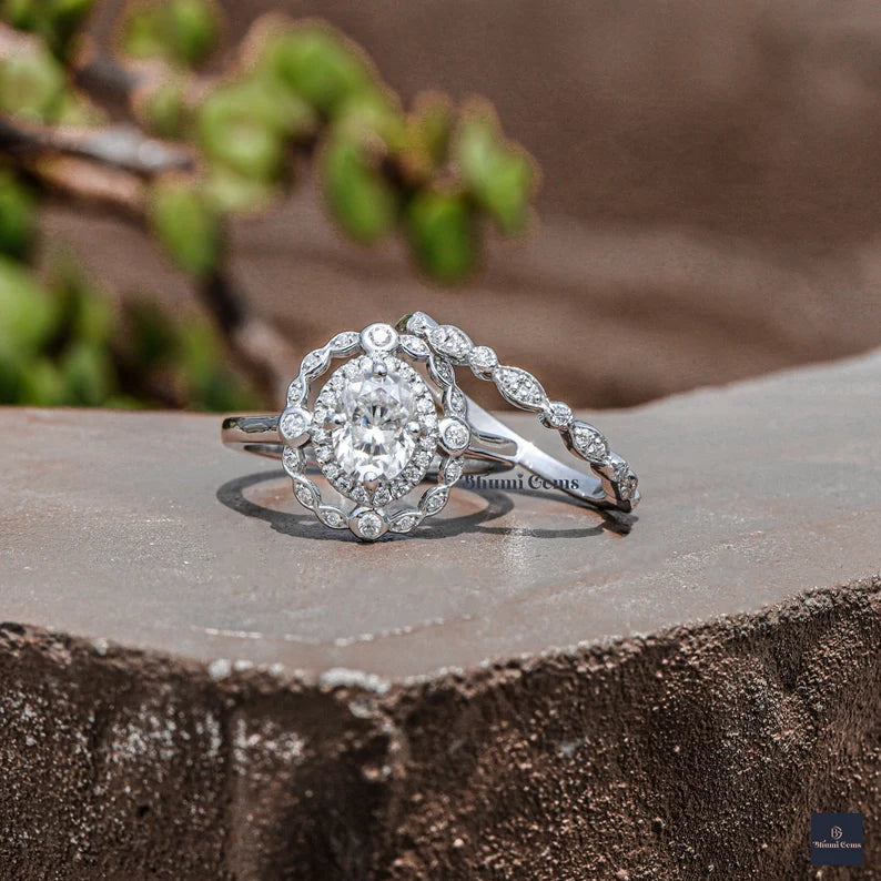 1 CT Oval Halo Moissanite Bridal Ring Set - view 4