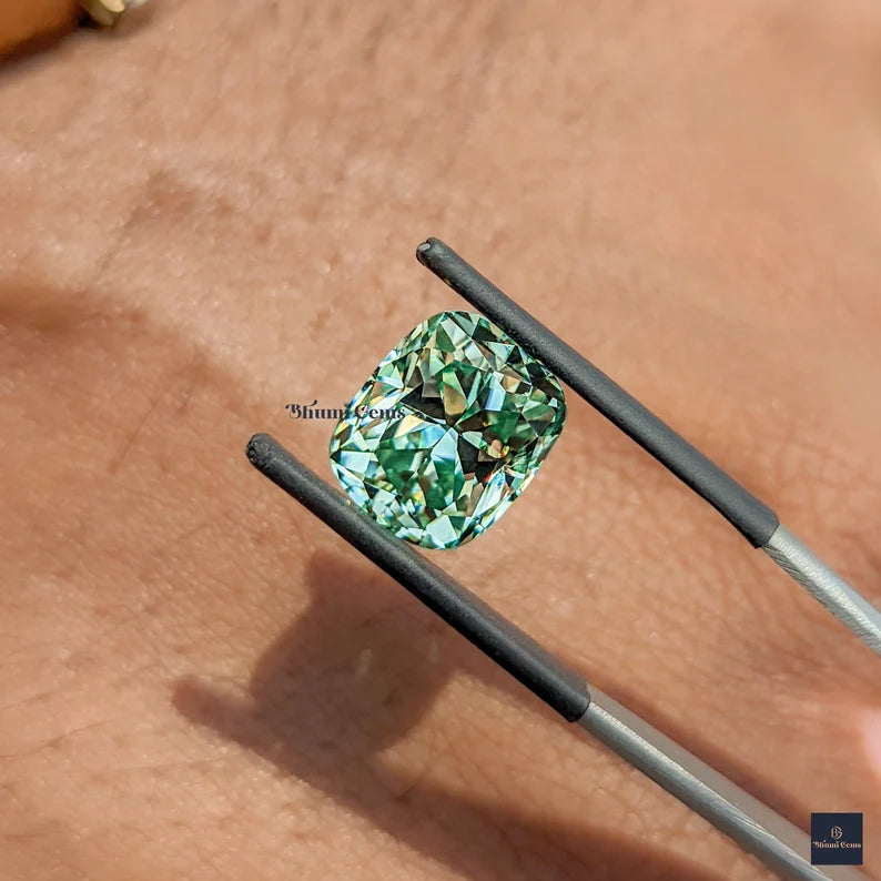 Elongated Cushion Cut Light Green Colored Moissanite Loose