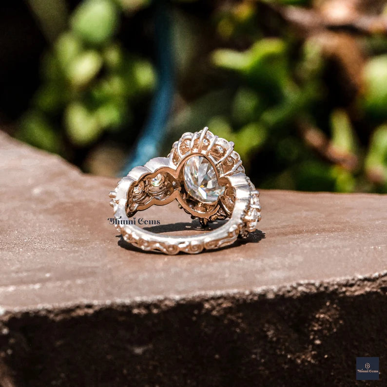 4 CT Cyan Blue Oval Halo Moissanite Engagement Ring - view 4