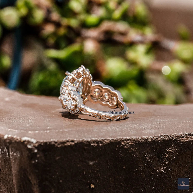 4 CT Cyan Blue Oval Halo Moissanite Engagement Ring - view 3