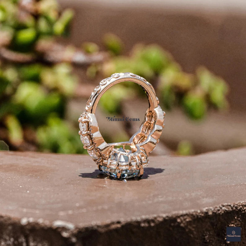 4 CT Cyan Blue Oval Halo Moissanite Engagement Ring - view 2