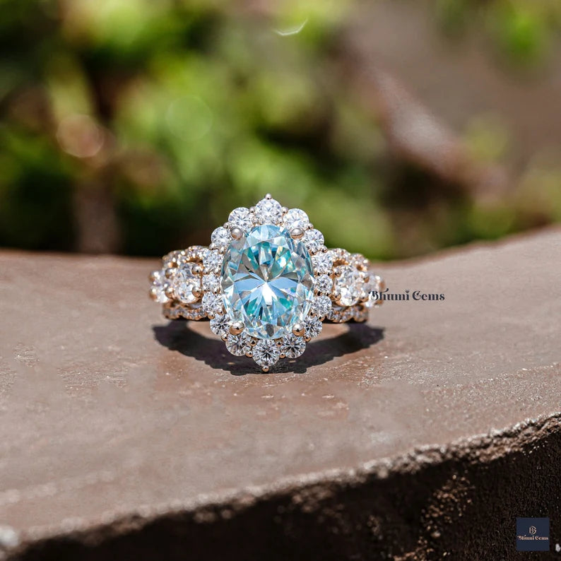 Cyan Blue Oval Halo Moissanite Wedding Ring