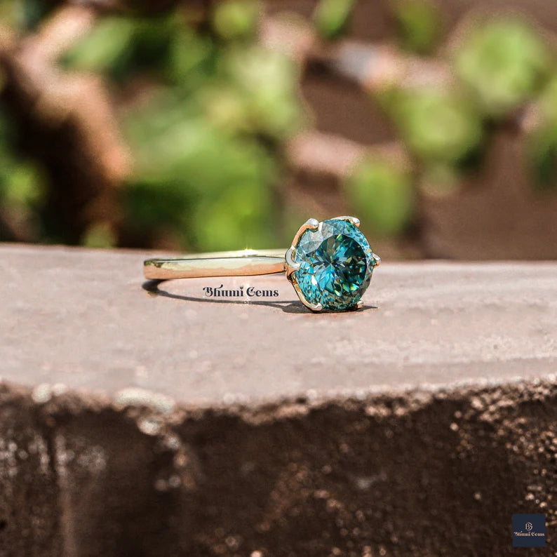 2 CT Portuguese Cut Blue-Green Moissanite Engagement Rings - view 6