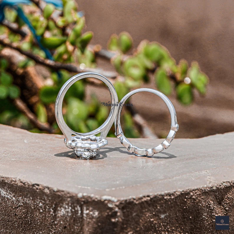 1 CT Oval Halo Moissanite Bridal Ring Set - view 3
