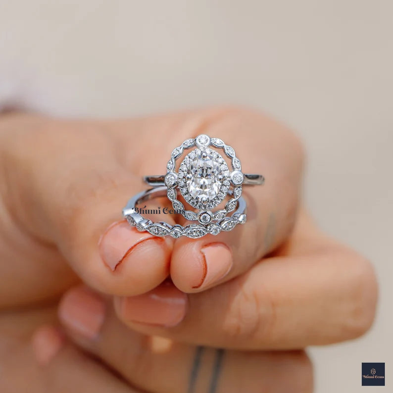 1 CT Oval Halo Moissanite Bridal Ring Set - view 2
