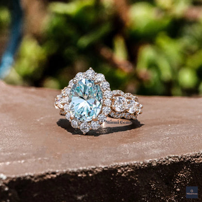 4 CT Cyan Blue Oval Halo Moissanite Engagement Ring - view 5