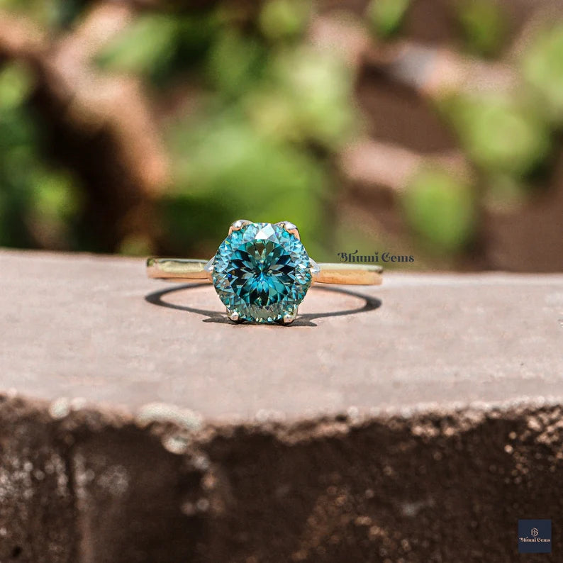 Portuguese Cut Blue-Green Moissanite Engagement Ring