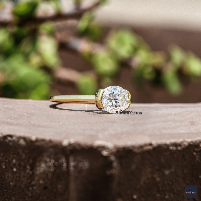Half Bezel 2 CT Oval Moissanite Engagement Ring - view 6