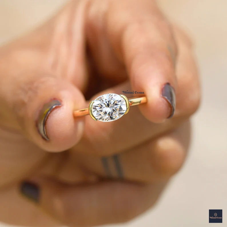 Half Bezel 2 CT Oval Moissanite Engagement Ring - view 2