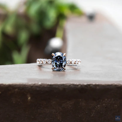 Solitaire Style Oval Cut Grey Moissanite Pave Engagement Ring