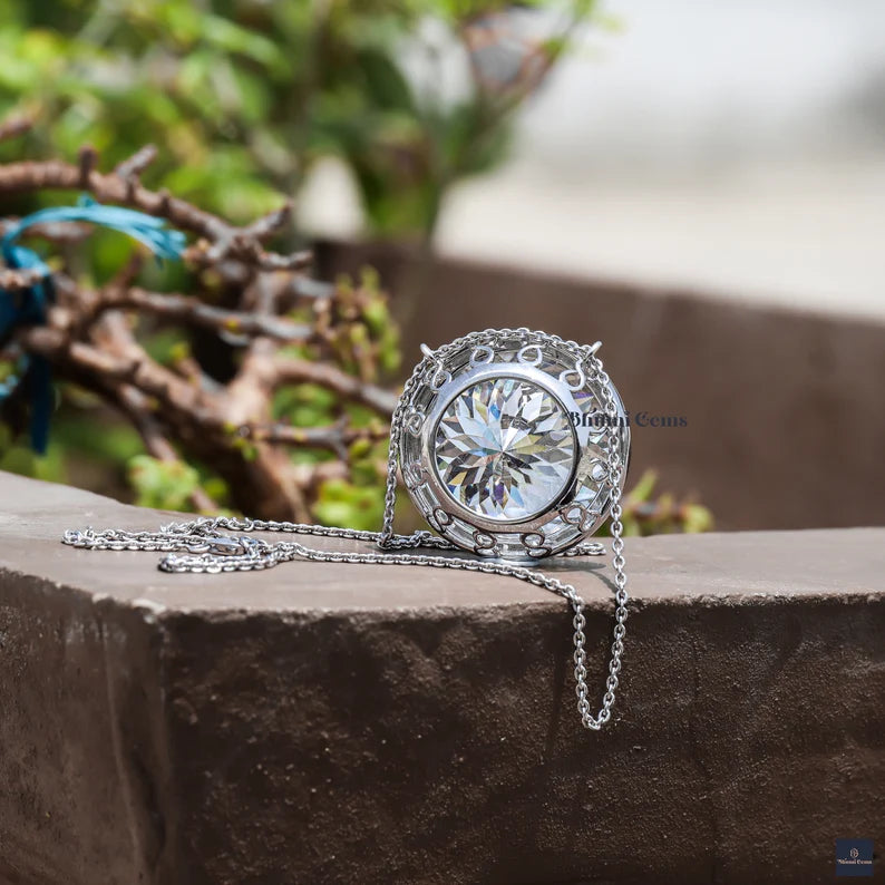 Huge Moissanite Pendant for Wedding 100 CT Portuguese Cut Engagement Pendant with Chain Bezel Set Pendant - view 4
