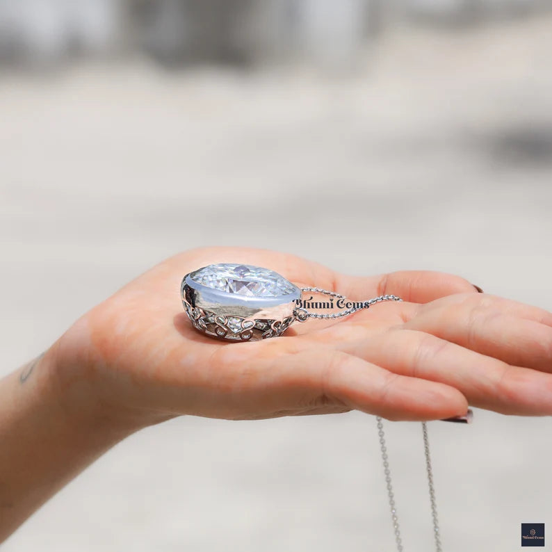 Huge Moissanite Pendant for Wedding 100 CT Portuguese Cut Engagement Pendant with Chain Bezel Set Pendant - view 5