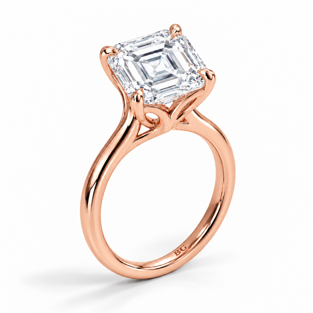 Asscher cut lab grown diamond cathedral solitaire engagement ring in rose gold