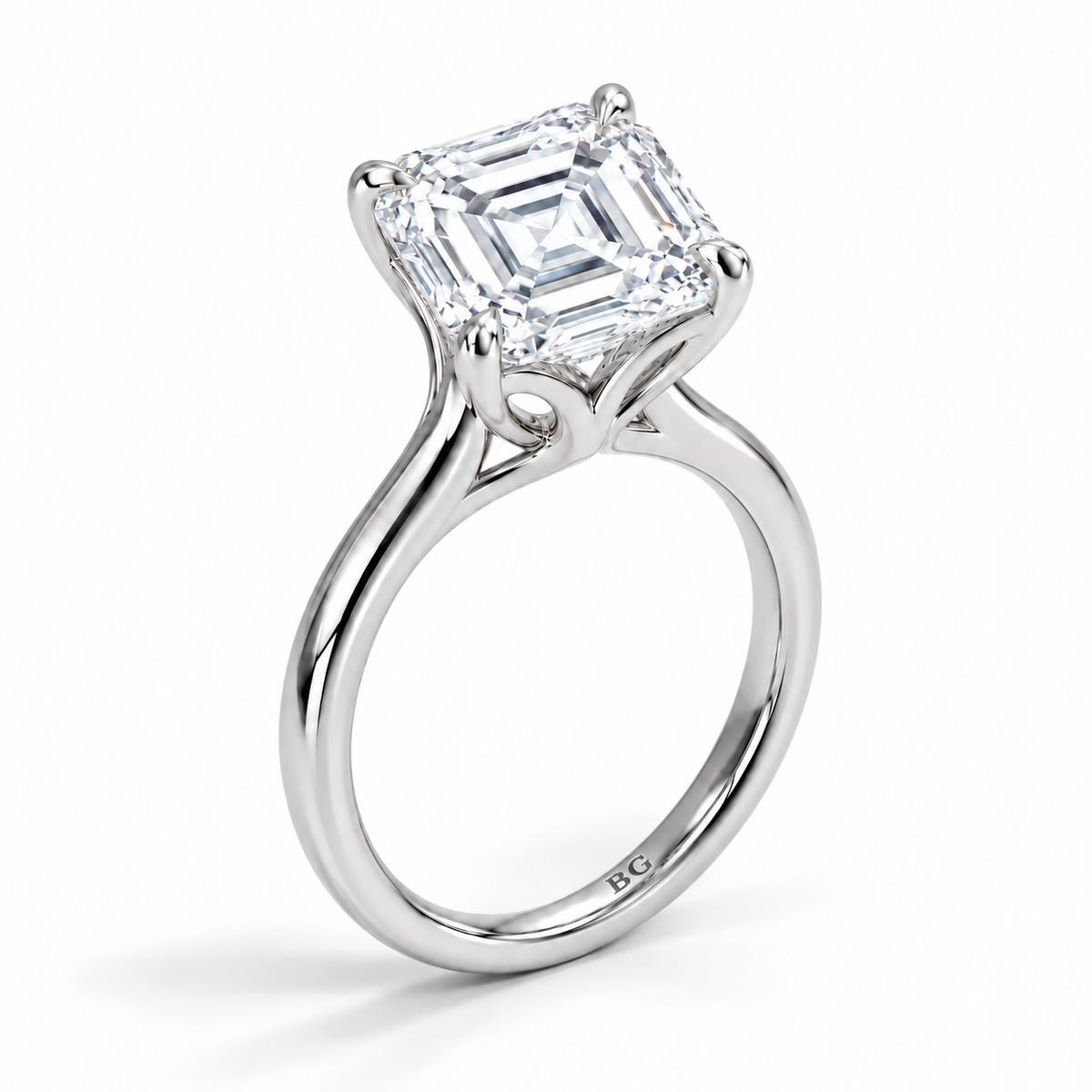 Asscher cut lab grown diamond cathedral solitaire engagement ring in white gold