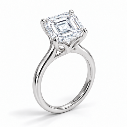 Asscher cut lab grown diamond cathedral solitaire engagement ring in white gold