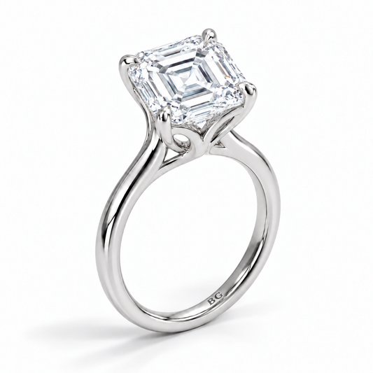Asscher cut lab grown diamond cathedral solitaire engagement ring in white gold