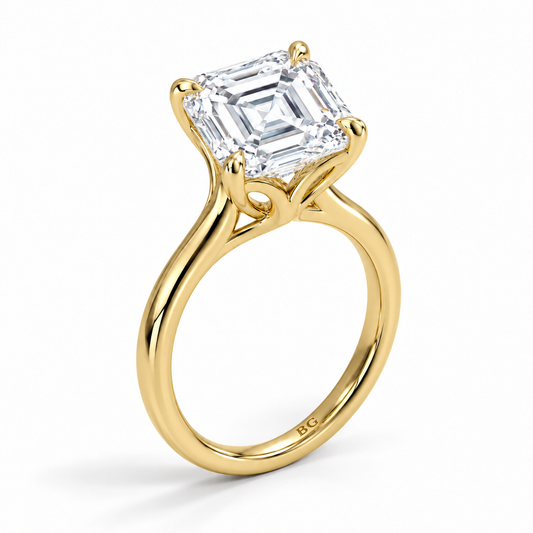 Asscher cut lab grown diamond cathedral solitaire engagement ring in yellow gold