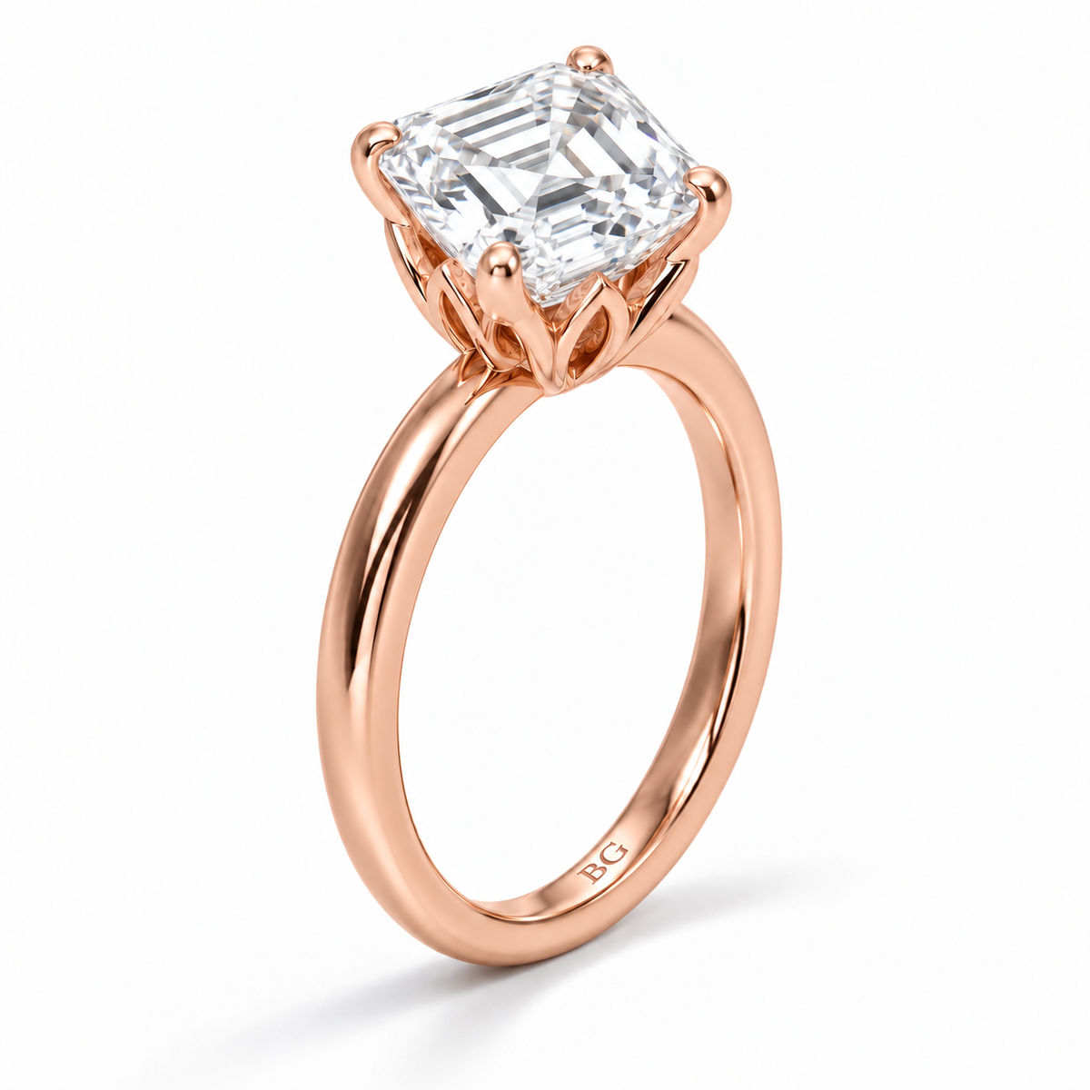Asscher cut lab grown diamond solitaire engagement ring with lotus basket and plain band in rose gold