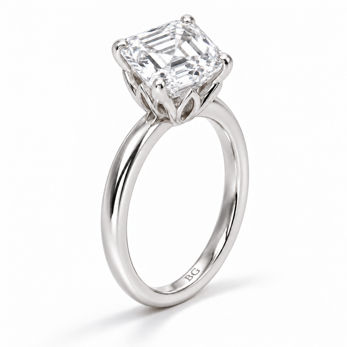 Asscher cut lab grown diamond solitaire engagement ring with lotus basket and plain band in white gold
